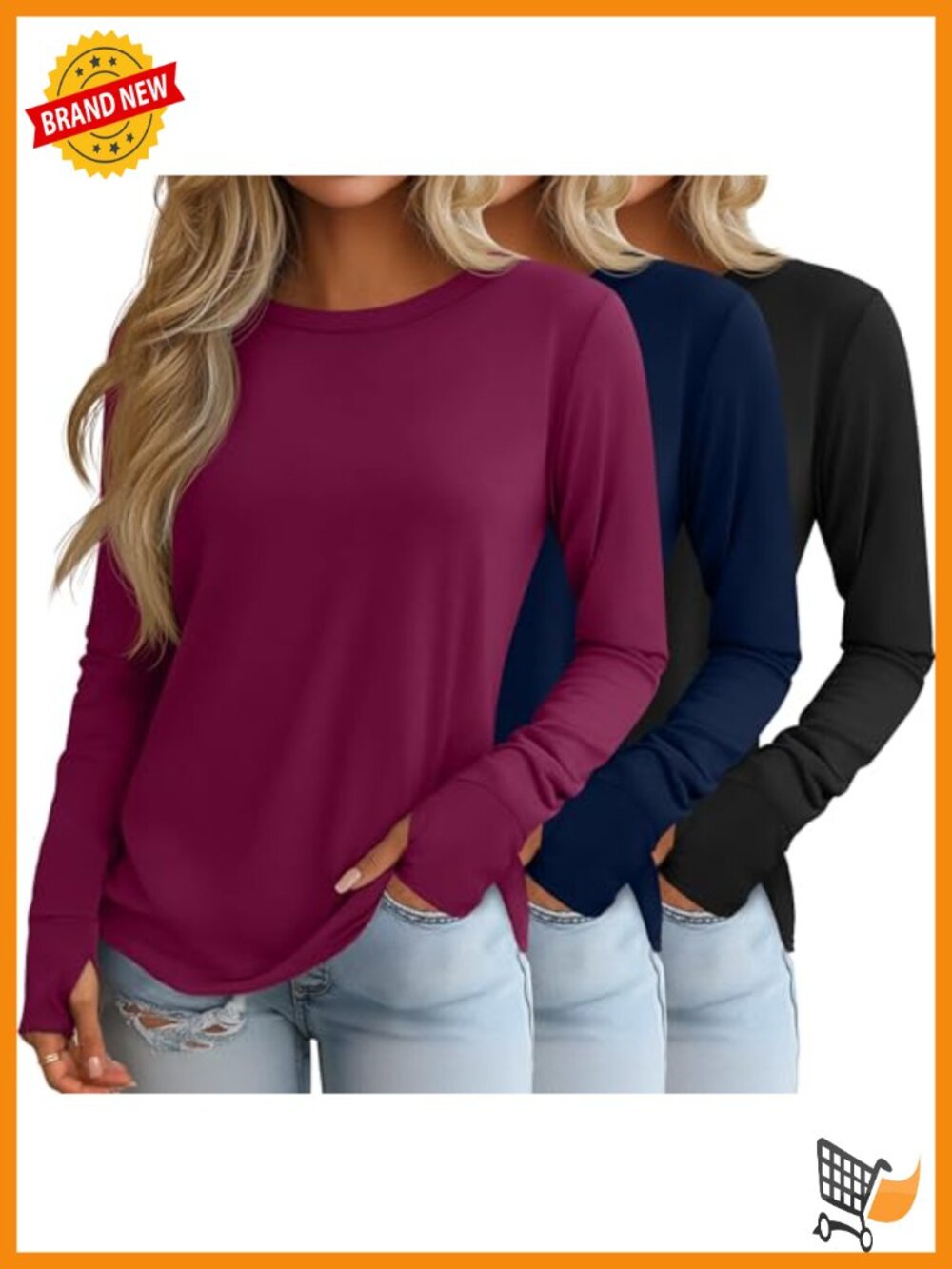 3 Pack Womens Long Sleeve Cotton Shirts with Thumb Holes